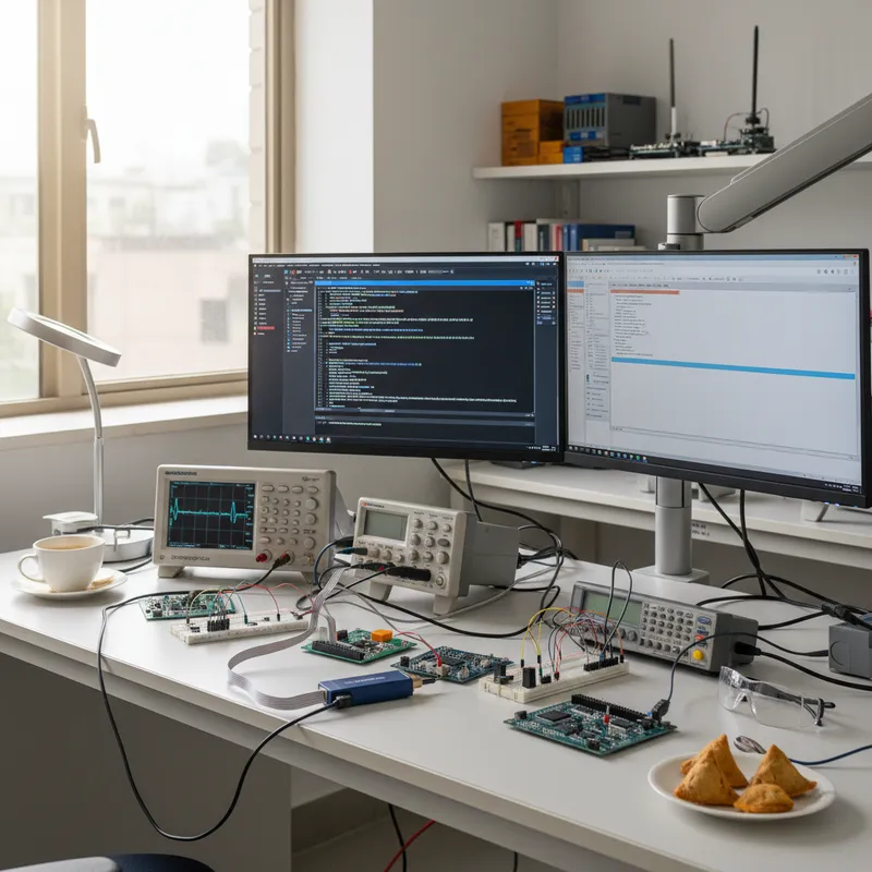 SEGGER J-Link debug probe attached to a RISC-V development board in an Indian silicon design laboratory