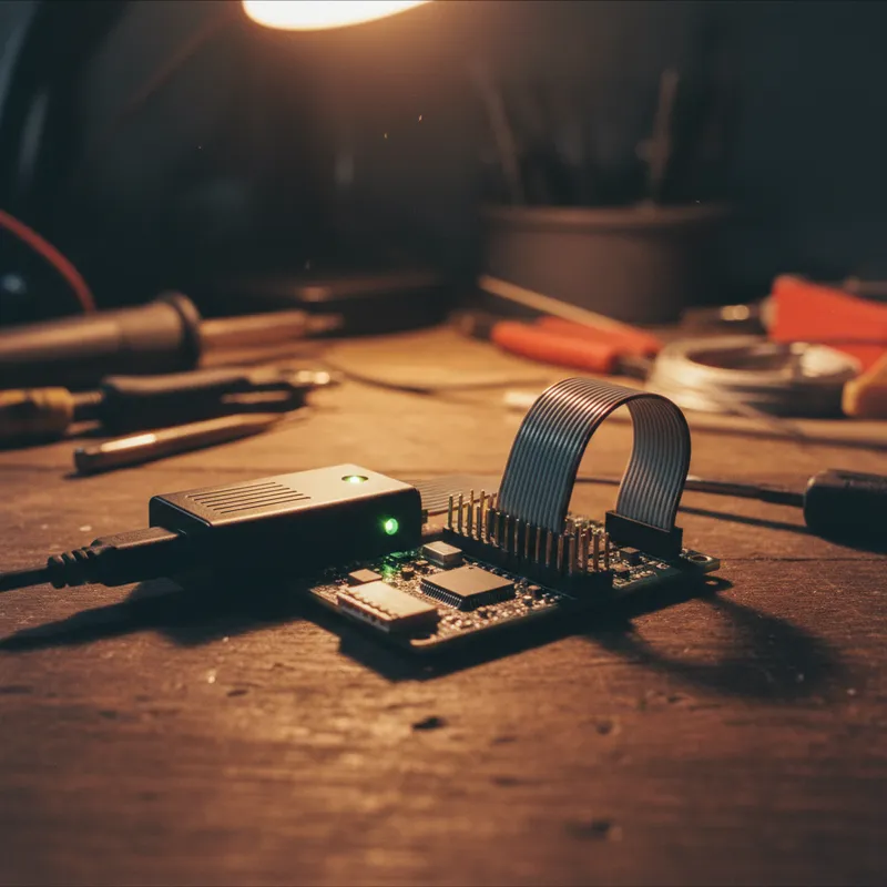 Sensepeek PCBite probe tip contacting a fine-pitch QFN pad on a PCB