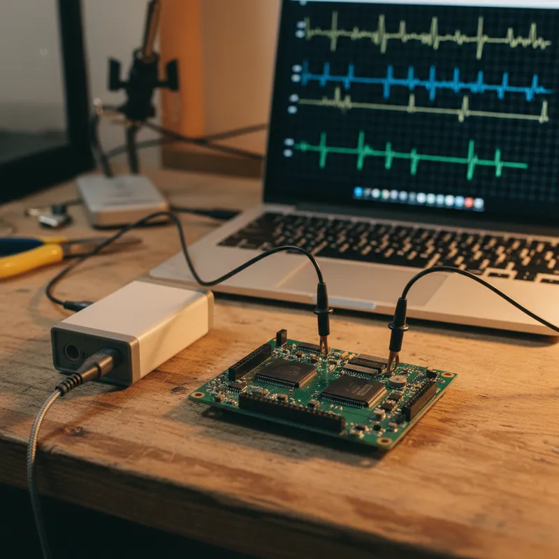 Six Sensepeek PCBite probes positioned on a PCB for simultaneous multi-point measurement