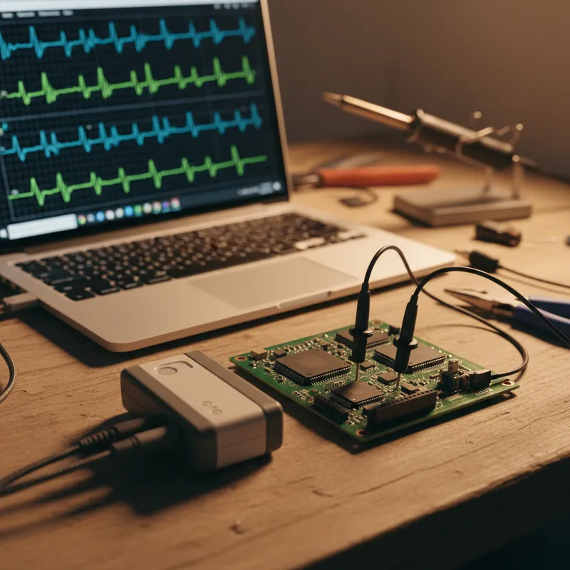 Sensepeek SQ200 probe connected to an oscilloscope BNC input showing a captured waveform