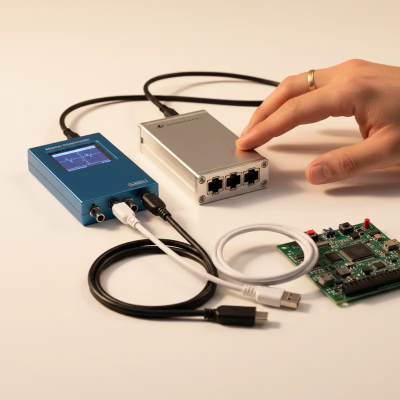 Sensepeek SQ-series insulated probe next to an original SP-series probe on a PCBite base plate