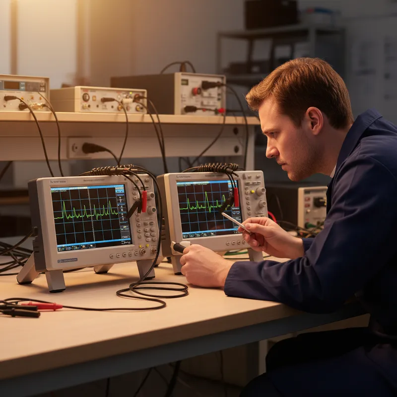 Side-by-side comparison of Sensepeek PCBite hands-free probe and traditional clip-on oscilloscope probe on a PCB