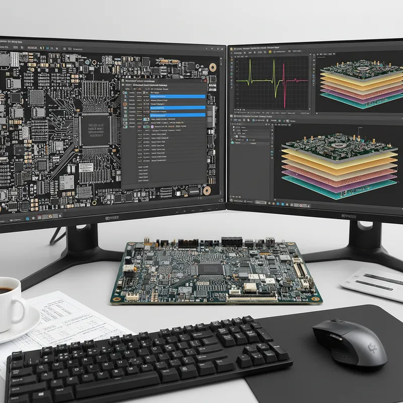 Altium Designer Layer Stackup Manager showing material library entries, micro-via and back-drill structures, and impedance profile management for a multi-layer high-speed PCB