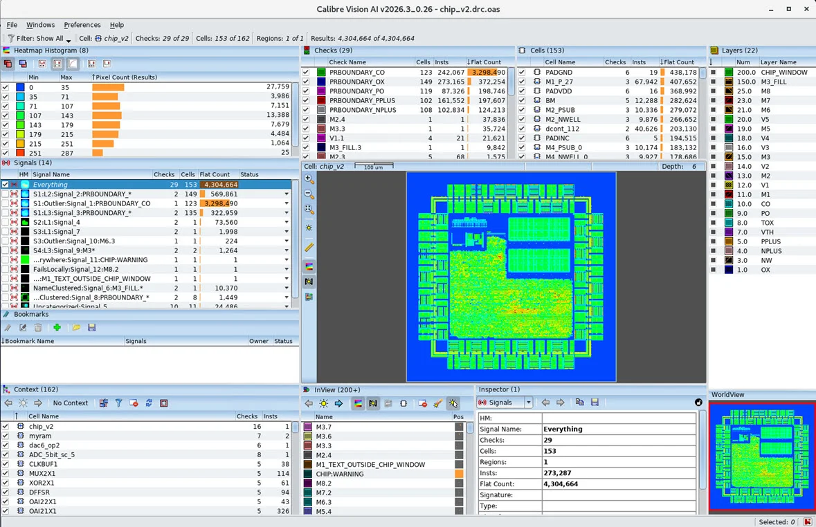 Calibre Vision AI user interface showing DRC results organised for triage, from Siemens EDA's announcement