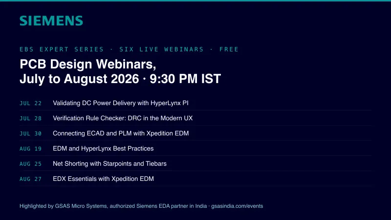 Siemens EDA EBS Expert Series webinar schedule, highlighted in India by GSAS Micro Systems