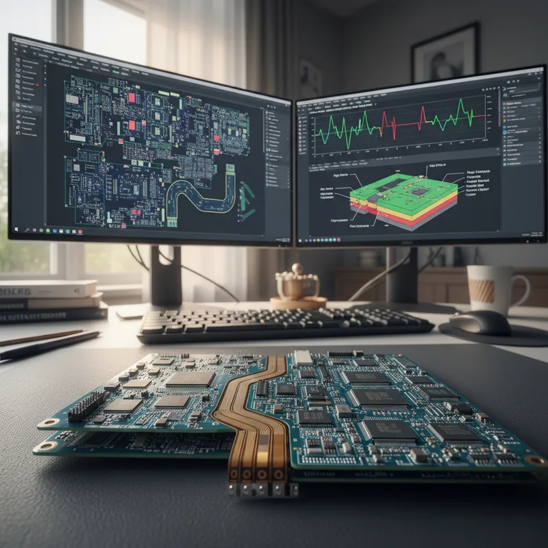 Rigid-flex PCB layout in Altium Designer showing the rigid-to-flex boundary, bend region, and coverlay transitions for a compact medical wearable design