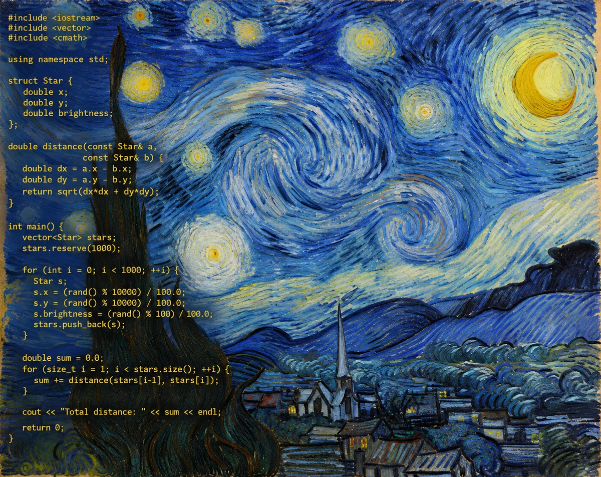 Solid Sands campaign artwork for SuperTest Van Gogh 6.0, C++ source code set against Van Gogh's The Starry Night