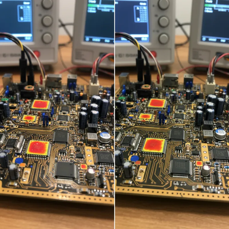 Thermal simulation of a dense PCB assembly showing hot spots across components and copper