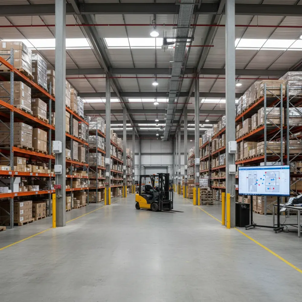 UWB indoor positioning system in warehouse with anchor modules