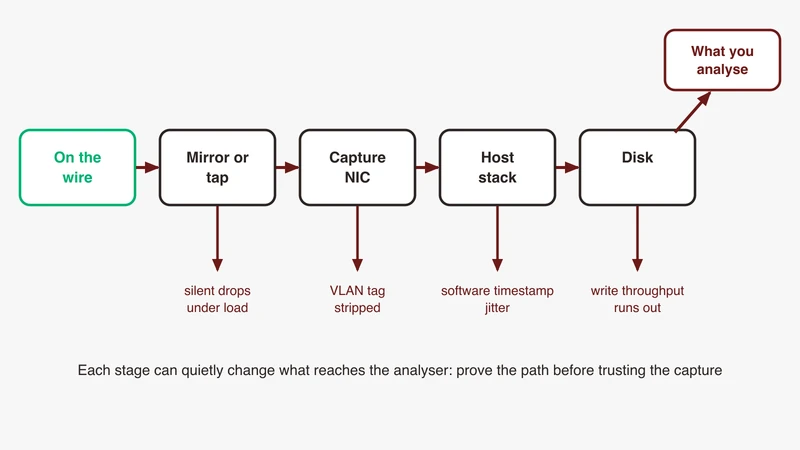 Where an automotive Ethernet capture goes quietly wrong: a frame travelling from the wire to the analyser past four loss points, mirror port drop, VLAN tag stripped by the adapter, software timestamp jitter and disk throughput limits, from GSAS Micro Systems India