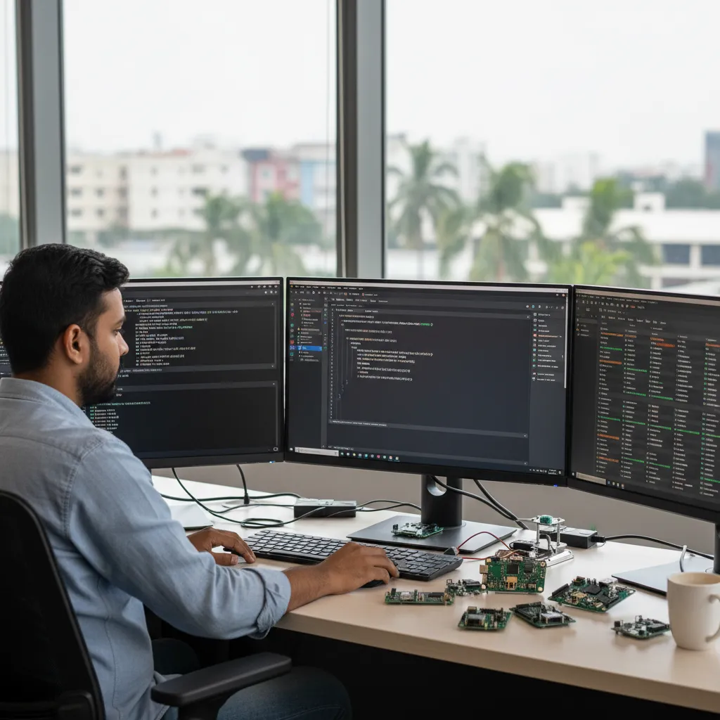 Indian CI/CD engineer at a Pune embedded firmware office configuring a GitHub Actions pipeline for Cortex-M firmware with the CMSIS Toolbox csolution / cbuild / cpackget commands and a green build matrix dashboard