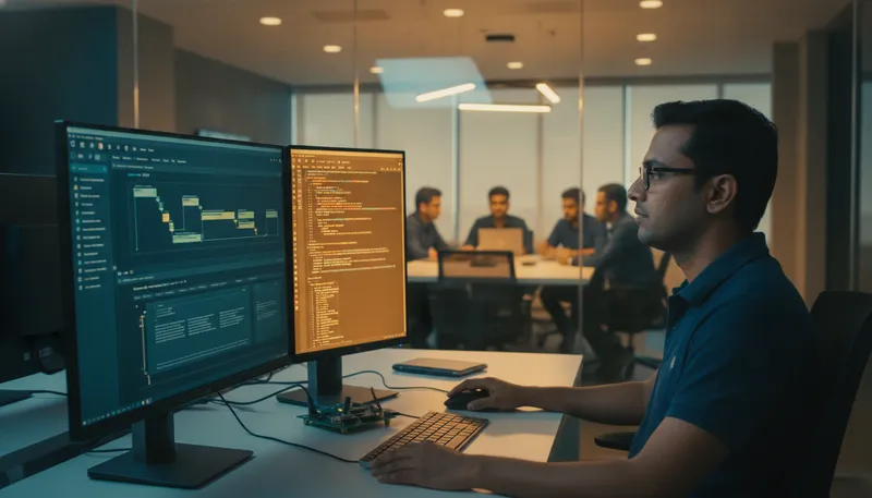 Embedded software engineer reviewing a DevSecOps CI/CD pipeline dashboard showing static analysis and test coverage results in a Bengaluru development office