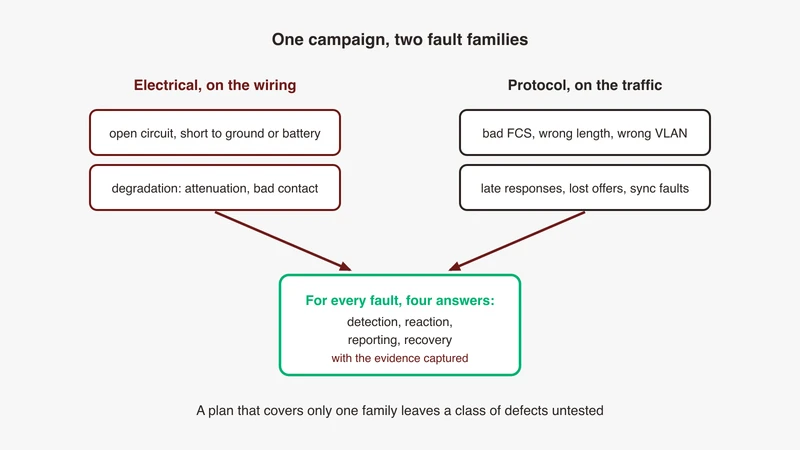 One campaign, two fault families drawn as a two-column map: electrical faults and protocol faults on the left, each running through detection, reaction, recovery and evidence on the right, from GSAS Micro Systems India