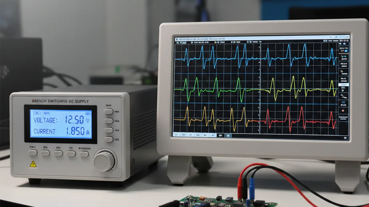 GW Instek SPS-A Series switching DC power supply and GDS-2000HD 12-bit oscilloscope on an Indian engineering test bench, new product launch from GSAS Micro Systems, authorized GW Instek engineering partner in India