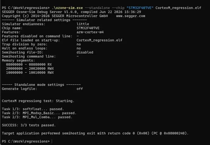 A hardware-free regression test run in SEGGER Ozone-Sim, set up for embedded CI/CD in India by GSAS Micro Systems