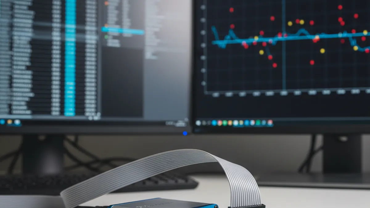 Total Phase I²C/SPI protocol analyzer capturing decoded bus packets on one screen and an edge-AI anomaly-detection chart on another, available in India from GSAS Micro Systems