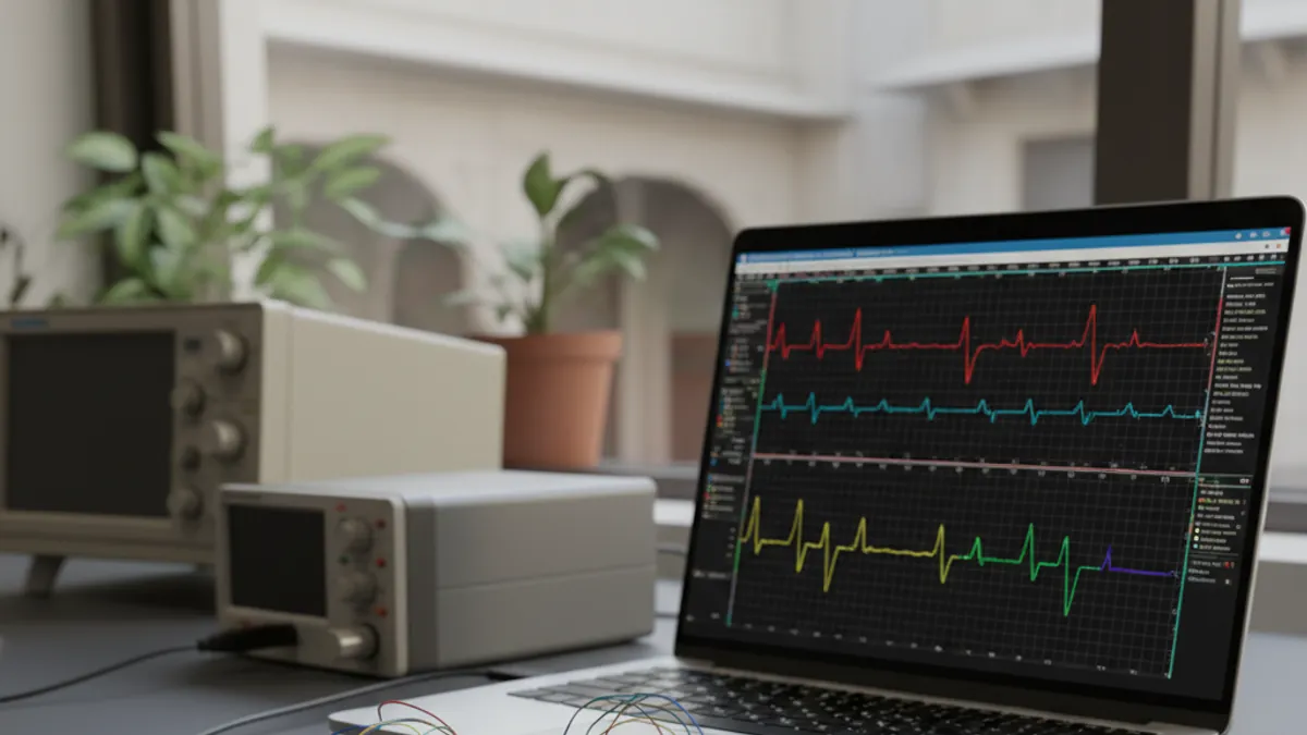 Mixed-signal debug bench in India, a Saleae Logic MSO USB pod beside a laptop replacing a separate benchtop oscilloscope and logic analyzer, supplied by GSAS Micro Systems
