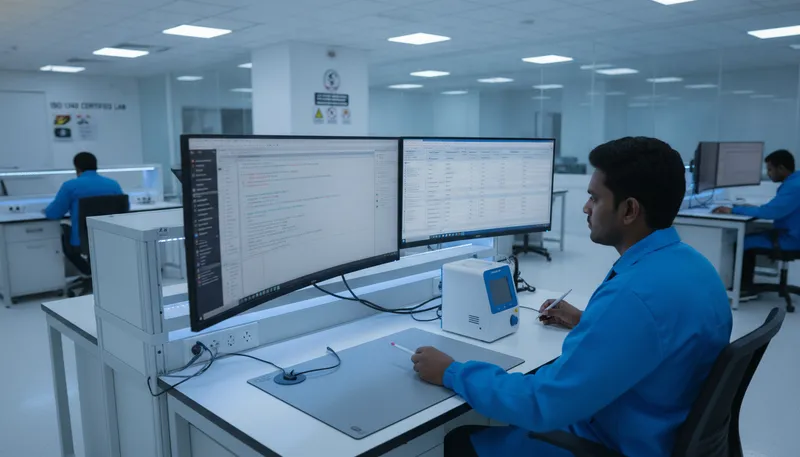 Medical device firmware engineer reviewing an IEC 62304 static analysis compliance dashboard on a laptop in a Pune embedded systems lab