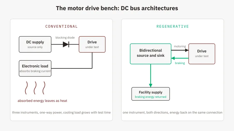 Motor drive test bench DC bus architecture: one regenerative bidirectional source replacing supply, blocking diode and load, GSAS India