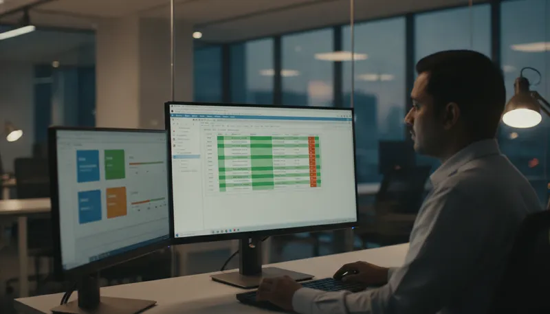 Software quality engineer reviewing a static analysis and MISRA compliance dashboard alongside a CI pipeline screen in a Hyderabad automotive software office