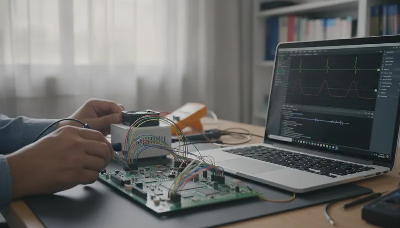 Engineer probing a densely populated PCB with a Saleae Logic MSO mixed-signal analyzer on an electronics workbench in India
