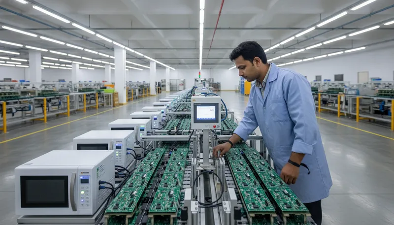 Row of standalone flash programmers on an Indian electronics manufacturing line, operator checking a status display