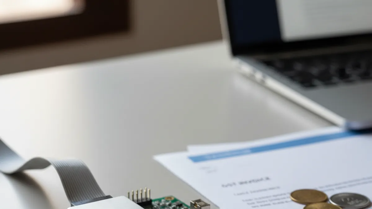 SEGGER J-Link debug probe with a GST tax invoice and Indian Rupee procurement paperwork on an engineering bench in India, available through GSAS Micro Systems