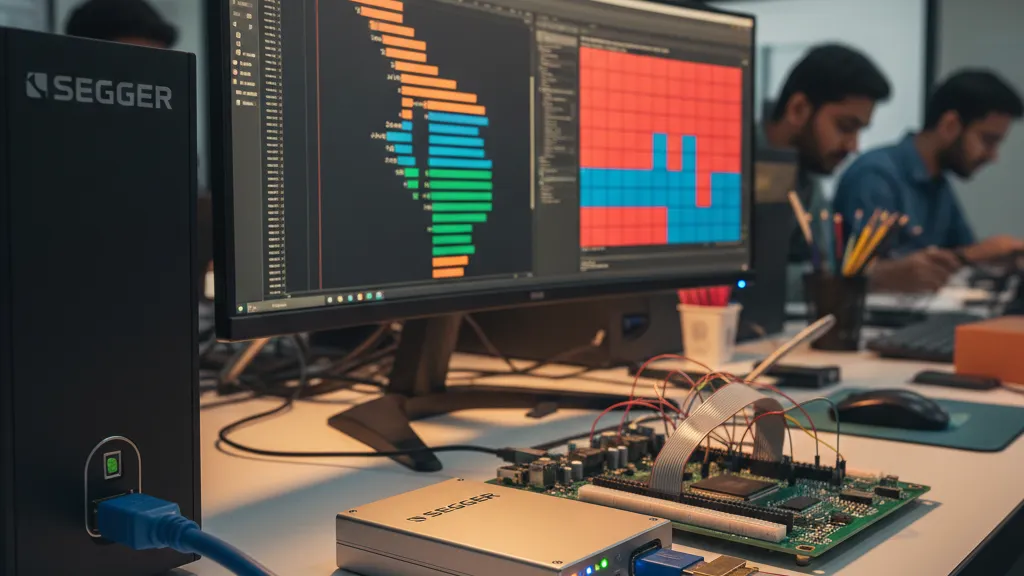 SEGGER J-Trace PRO streaming trace probe connected to an embedded development board on an Indian engineering bench, with trace timeline and code-coverage heat-map on a dual-monitor IDE, available in India from GSAS