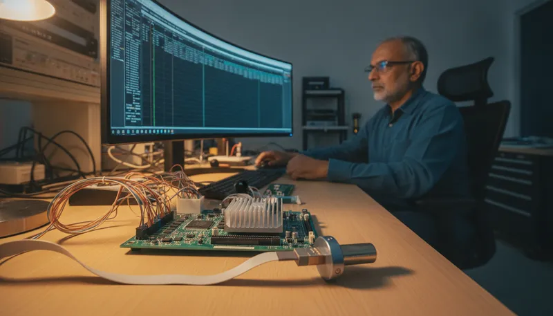 An embedded engineer in a Bengaluru lab studies an instruction-trace timeline on a monitor, with a debug and trace probe wired to a development board on the bench