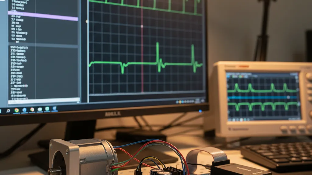 SEGGER J-Link debug probe connected to a motor-control development board on an Indian engineering bench, monitor mode debugging keeps PWM running while the foreground code is paused