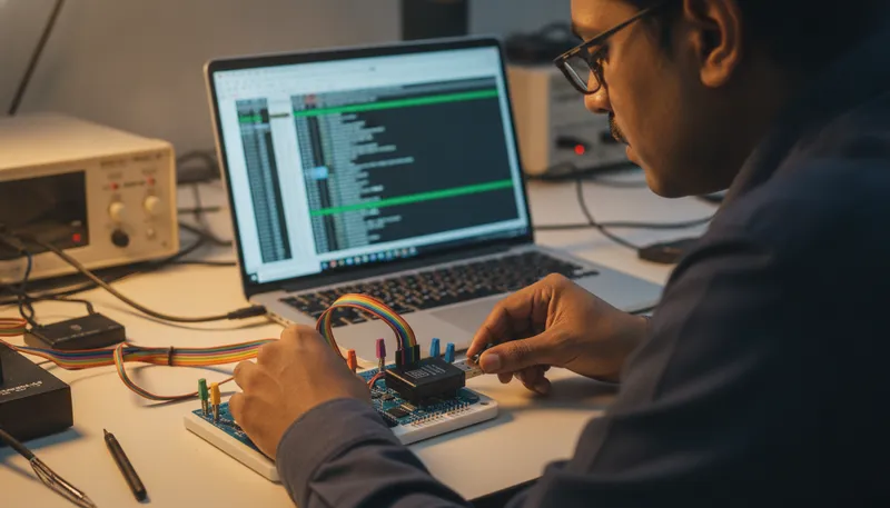 An embedded systems engineer at a Chennai test bench connecting a Total Phase USB host adapter to an I2C/SPI target board with a rainbow ribbon cable