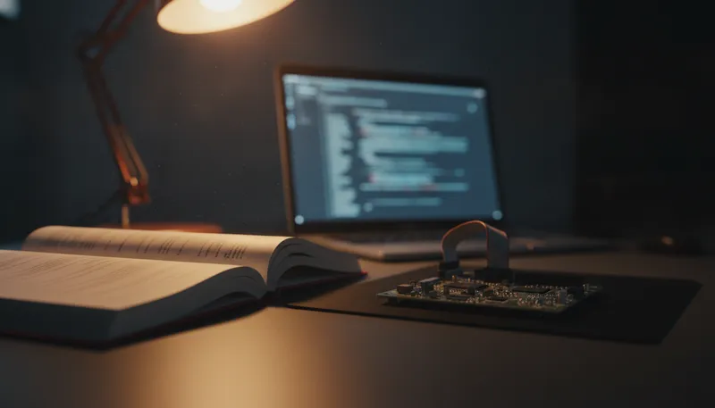 An ISO language standard open beside an embedded development board and debug probe, the toolchain qualification work GSAS Micro Systems supports in India