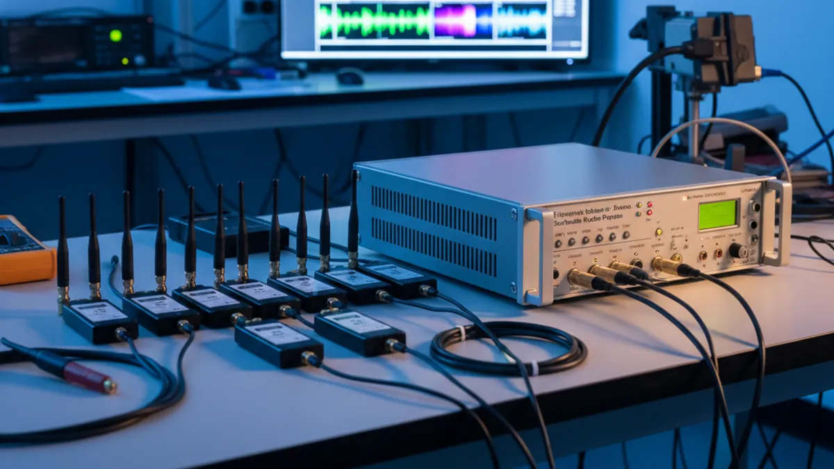 NI Ettus USRP software-defined radio devices with antennas on an RF lab bench in India