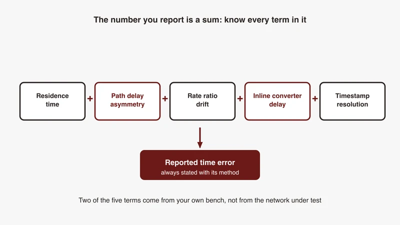 Left-to-right chain showing where time error accumulates in an 802.1AS domain, with residence time, path delay asymmetry, rate ratio drift, inline converter delay and timestamp resolution stacking into the final reported number, from GSAS Micro Systems India