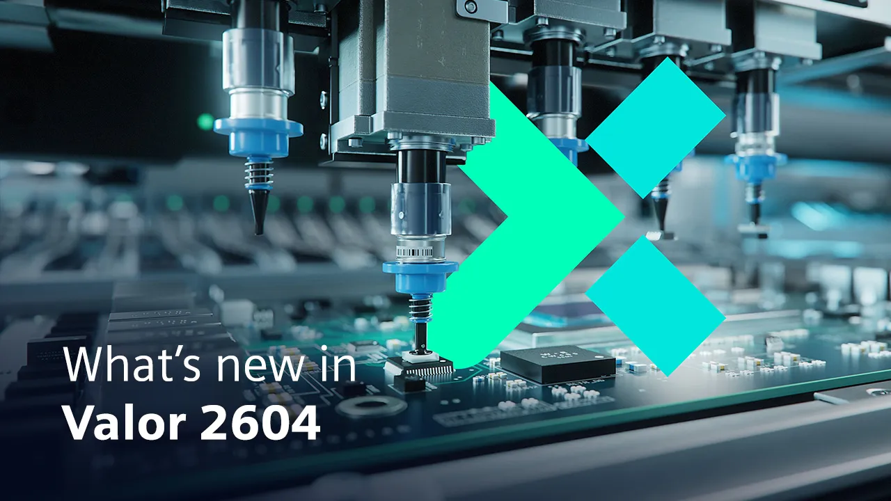 Valor NPI 2604 release banner showing a PCB manufacturing line, new DFM checks supported in India by GSAS Micro Systems, Siemens EDA engineering partner