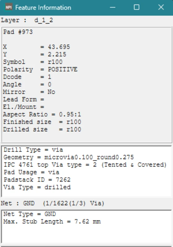 Pad stack editor in Xpedition 2604 showing IPC-4761 via type values exposed as a drill-type attribute, ready to drive Valor NPI analysis constraints in India PCB design teams supported by GSAS