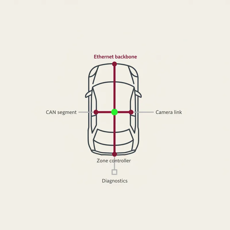 Diagram of a vehicle top view with an automotive Ethernet backbone, zone controller, CAN segment, camera link and diagnostics port, from GSAS Micro Systems India