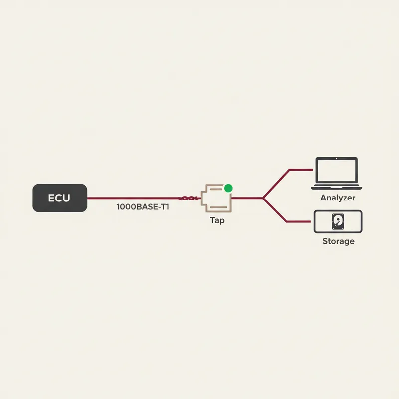 Diagram of an automotive Ethernet capture chain from ECU through a tap to analyzer and storage, GSAS India