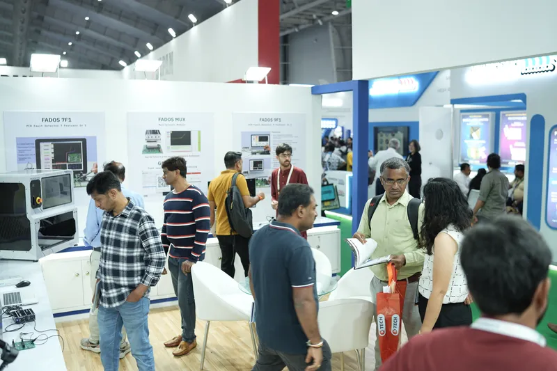 Visitors inside the FADOS stall, Stall H3.I47, at electronica India 2026, BIEC Bengaluru