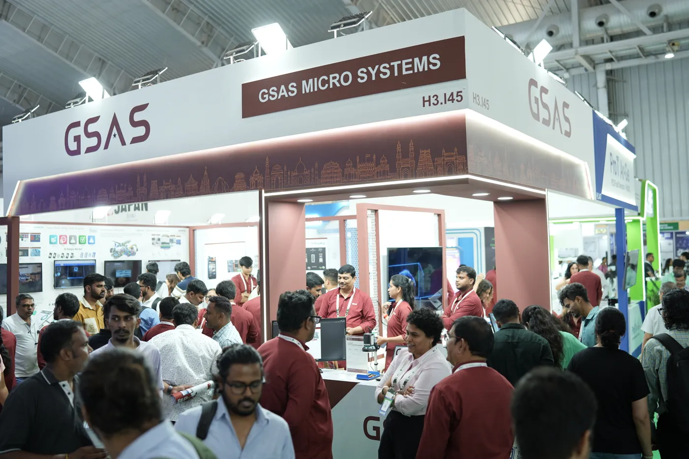 Visitors crowd the GSAS Micro Systems stand, Stall H3.I45, at electronica India 2026, BIEC Bengaluru