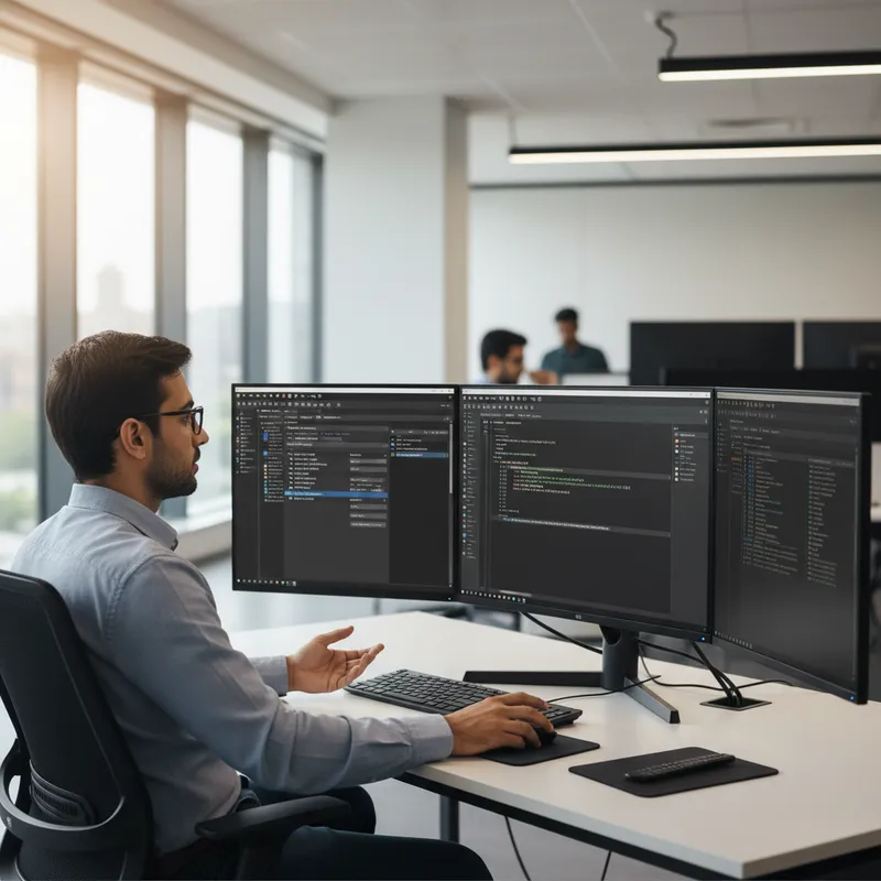 Engineer at a Bengaluru workstation using the latest Arm Keil MDK with µVision and software pack manager open
