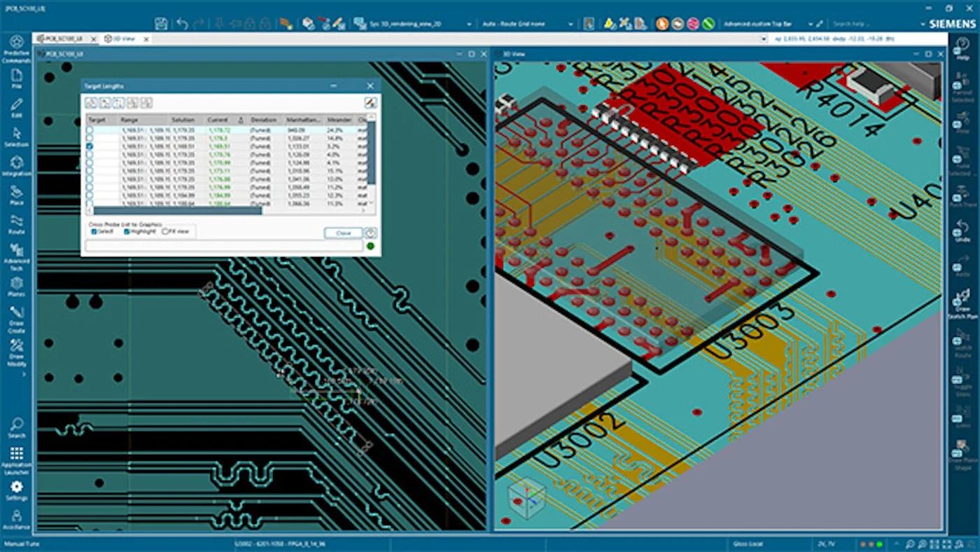 Xpedition Standard: 2D and 3D PCB design views with design data, from the Siemens webinar announcement
