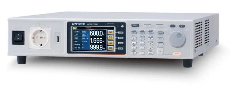 GW Instek APS-7200 programmable AC power source: sweeps the 140–270 V Indian grid envelope for automated EV charger input testing, available in India from GSAS Micro Systems