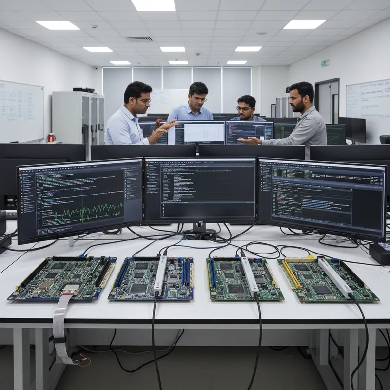 Indian semiconductor design centre in Bengaluru with engineers comparing two Arm DSTREAM debug and trace probe configurations for a high-performance SoC bring-up