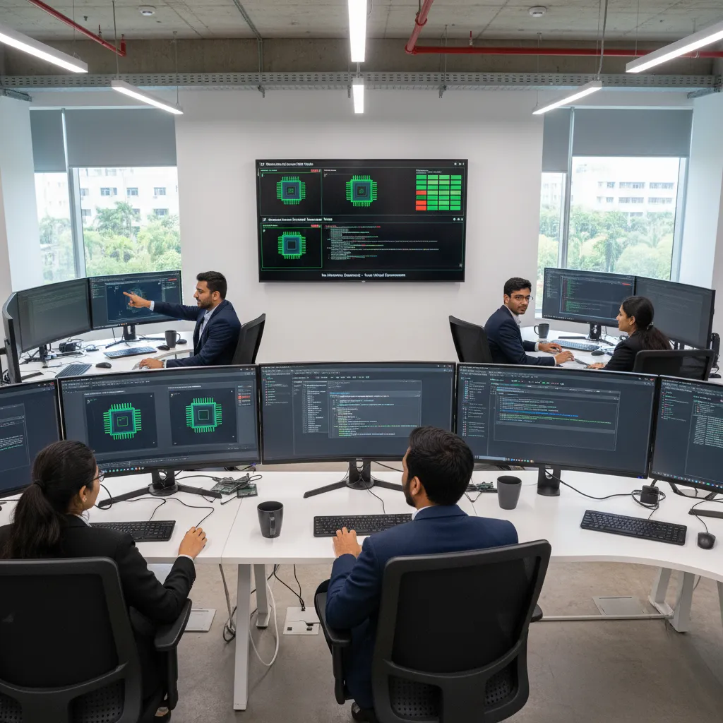 Indian pre-silicon firmware engineering team in Hyderabad running Arm Fixed Virtual Platforms, multiple workstations displaying software-modeled Cortex-M cores executing firmware with a CI dashboard showing automated tests on FVP