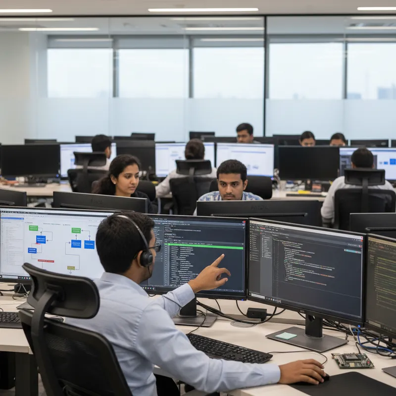 Indian pre-silicon firmware engineering team in Hyderabad working with Arm Fixed Virtual Platforms, multiple workstations running software-modeled Cortex-M cores and a CI dashboard executing automated firmware tests without physical hardware