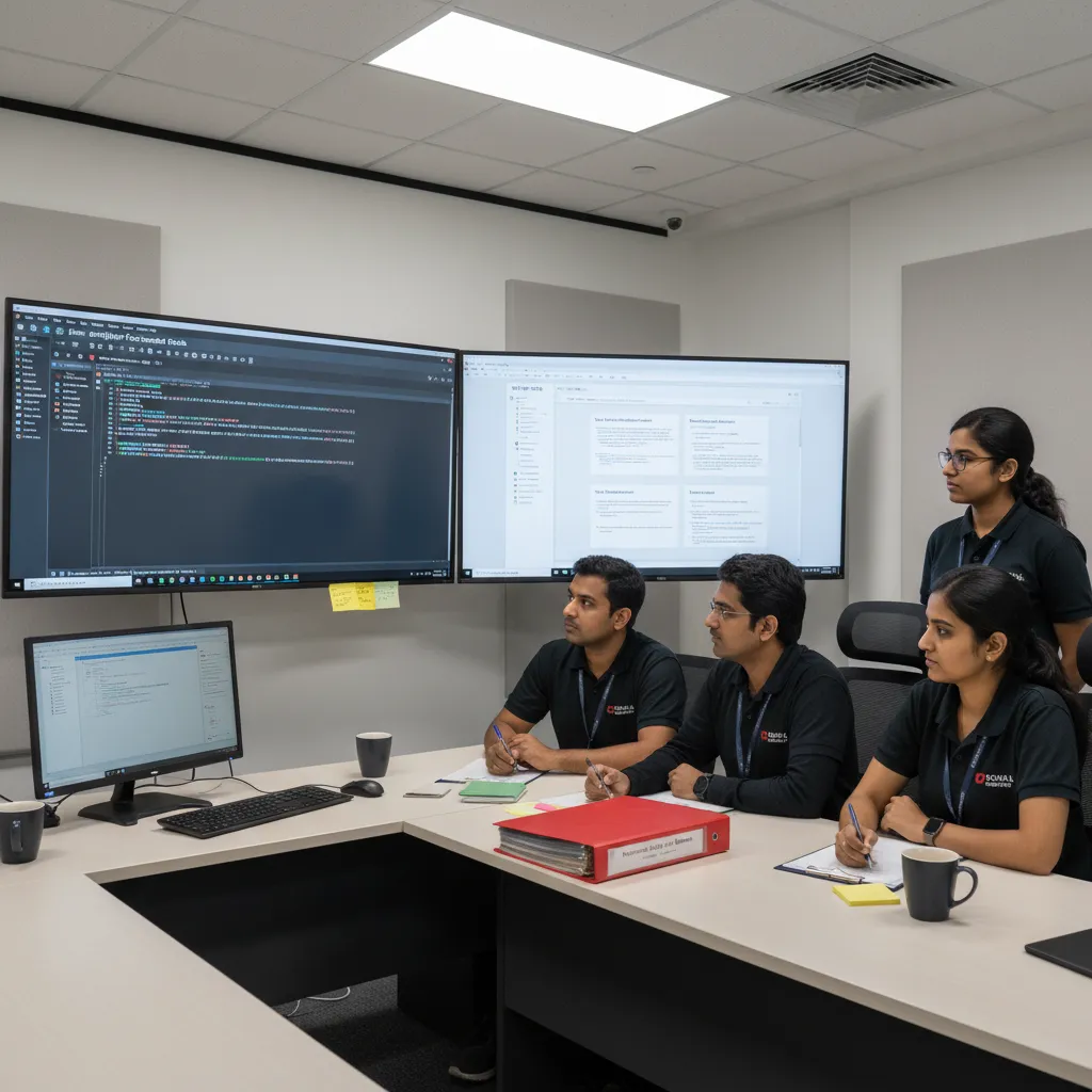 Indian automotive ECU compiler-evaluation team at a Pune Tier-1 supplier running Arm Compiler for Embedded FuSa, armclang FuSa edition compiling an ASIL-D Cortex-R52 project with TUV SUD qualification artifacts visible