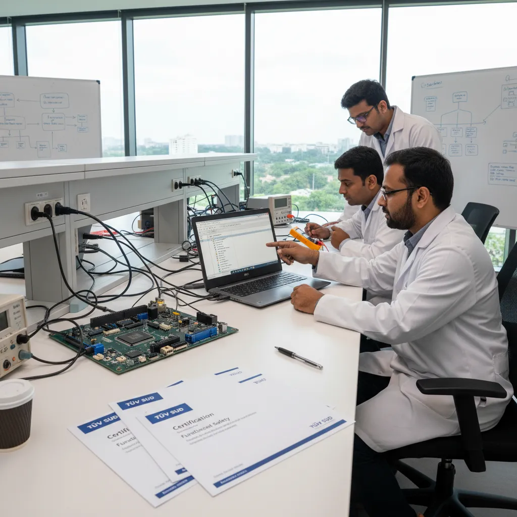 Indian functional-safety integration lab at a Chennai medical-device or industrial-controls product office with a Cortex-M33 development board, Keil MDK showing the Arm FuSa RTS qualified C runtime, and TUV SUD certification cover pages