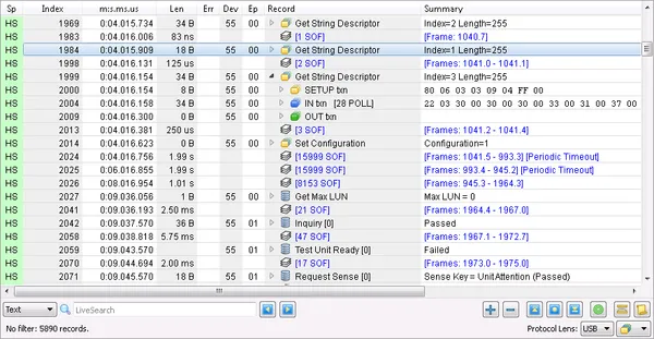 Data Center Software, transaction-level USB protocol decode with class-specific field parsing