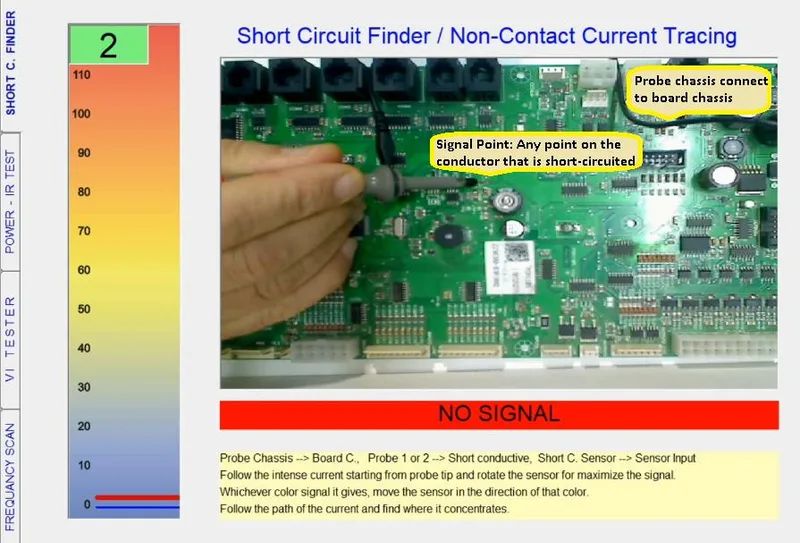 FADOS XI Short Circuit Finder, non-contact current sensor tracking the path of a short circuit on a PCB